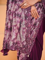 Wine Satin Crepe Silk Festive Wear Saree